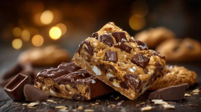 278Chocolate snack bar partially broken to reveal cookie interior, golden toasted pieces visible, rich chocolate surface gleaming under soft studio lights, cinematic food photography