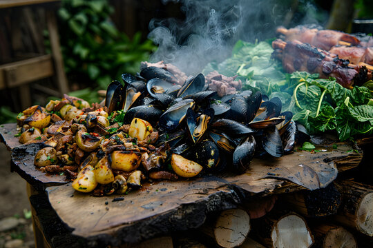 Traditional Chilean Curanto Feast with Seafood Meat and Potatoes on Nalca Leaves
