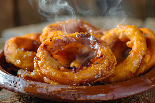Authentic Peruvian Picarones Fried Dough Rings Drizzled with Chancaca Syrup