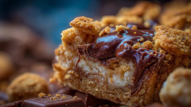 283Macro shot showing cross-section of chocolate bar, crunchy cookie pieces inside, golden toasted textures, chocolate coating glossy and inviting, shallow focus emphasizing detail