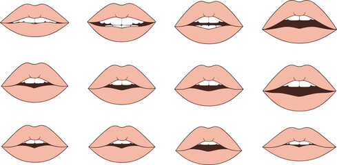 Set of Female Lips with Different Expressions and Mouth Shapes for Beauty, Makeup, Fashion, Emotion, and Facial Expression Vector Design.