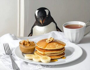 A Gentoo penguin looks down at a stack of pancakes with syrup and peanut butter, banana slices, and tea