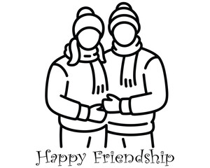 Two people wearing winter hats and scarves embracing happily together