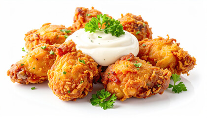 Crispy deep fried whole belly clams topped with tartar sauce, fresh parsley, New England style, white background, macro shot. AI