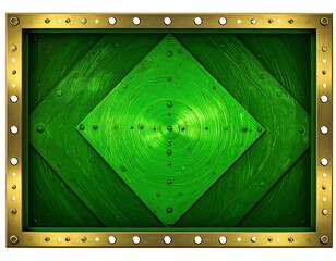 A geometric composition. A metallic green center is framed in a gold-colored border