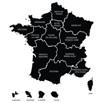 Black map of France divided into regions with islands