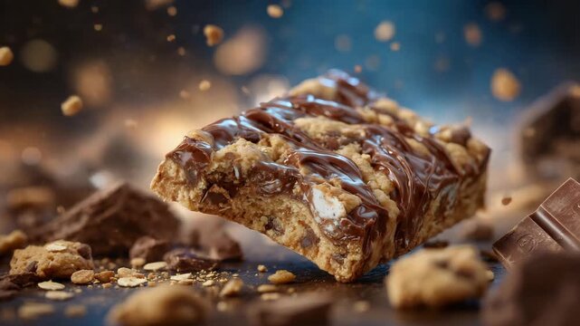 Chocolate snack bar partially broken to reveal cookie interior, golden toasted pieces visible, rich chocolate surface gleaming under soft studio lights, cinematic food photography