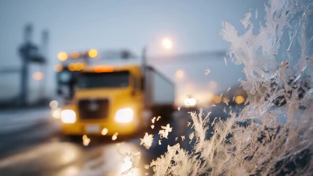 Close-up winter view of freight trucks braving freezing temperatures at an international border crossing, ice crystals forming on mirrors and windshields, snow-packed tires resting
