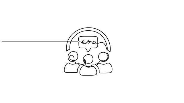 Continuous line drawing of diverse group conversations with speech bubbles, no editable stroke animation, motion, video, Group of People in one continuous line drawing. One line poster. Outline group