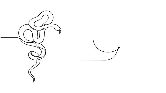 snake with moon continuous one line drawing animation, Mythical Bakunawa Dragon Encircling the Moon in Continuous Line, Snake continuous one line art hand drawing symbol. Poisonous reptile serpent