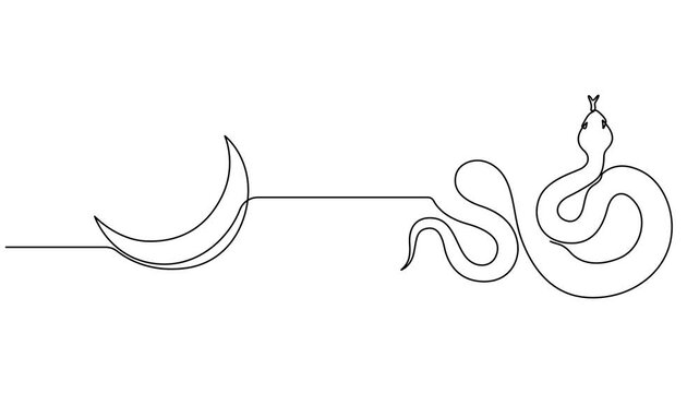 snake with moon continuous one line drawing animation, Mythical Bakunawa Dragon Encircling the Moon in Continuous Line, Snake continuous one line art hand drawing symbol. Poisonous reptile serpent