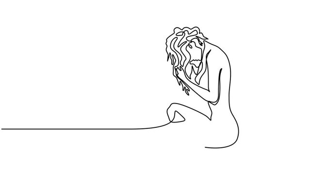 naked woman sitting continuous one line drawing animation, hand drawn young beauty woman sitting back side one line drawing continuous minimalism copy space thin line illustration, Continuous Line