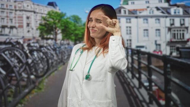 Woman doctor with stethoscope pinching a small gap between fingers on street bridge by bicycles and buildings; playful confidence.