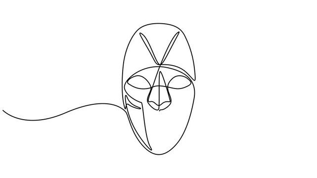 Tribal Mask continuous one line drawing animation, Ethnic Mask, animated self drawing of single continuous line, contour movement, video drawing of line in 4k, Tribal Mask animation continuous one