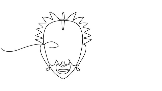 Tribal Mask continuous one line drawing animation, Ethnic Mask, animated self drawing of single continuous line, contour movement, video drawing of line in 4k, Tribal Mask animation continuous one