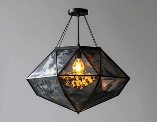 A geometric, faceted pendant light with a vintage-style bulb hangs against a plain gray background