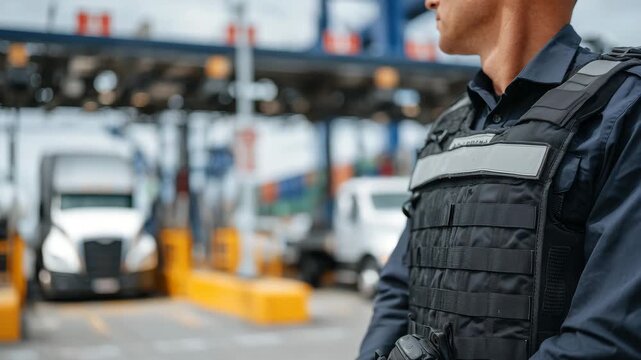 Dramatic border checkpoint scene showing a customs officer preventing trucks from passing, foreground focus on the officer&rsquo;s gesture, background filled with stationary freight truc