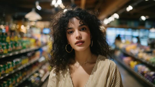 Editorial-style cinematic shot of a young woman standing in a supermarket aisle, beige striped top, shoulder-length curls framing her face, colorful products on shelves stretching
