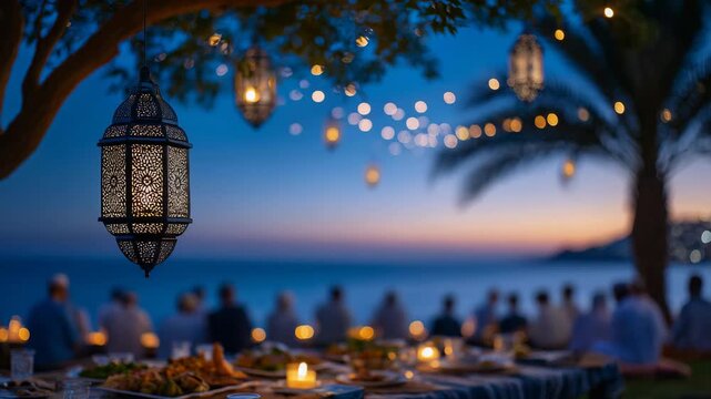 Evening Ramadan iftar scene with faceless family under tree, lanterns glowing warmly, palms and distant night sky softly blurred, food and hands in focus, cinematic composition wit