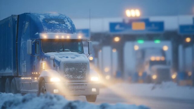 Front-facing close-up of transit trucks halted at a snowbound border crossing, headlights diffused by fog and snowfall, thick ice lining bumpers and grilles, border signage barely