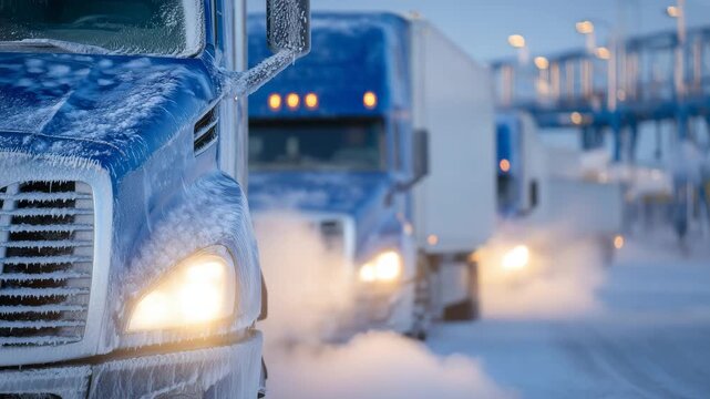 Icy transit trucks lined up at a winter border crossing point, close-up view of frost-covered grilles and windshields, headlights glowing through swirling snow, thick exhaust vapor