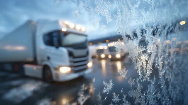 Intimate close-up of freight trucks gathered at a border checkpoint in winter, frost patterns etched across glass surfaces, snowflakes settling on metal textures, background soften
