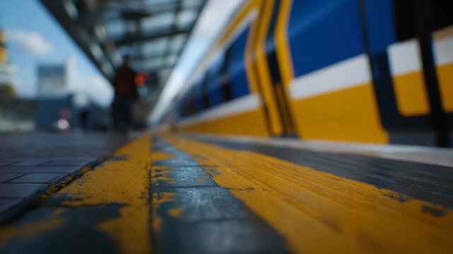 Low-angle close-up of passenger standing behind the yellow line, approaching train blurred in motion behind, platform tiles, shadows, and tactile textures highlighted, cinematic ur