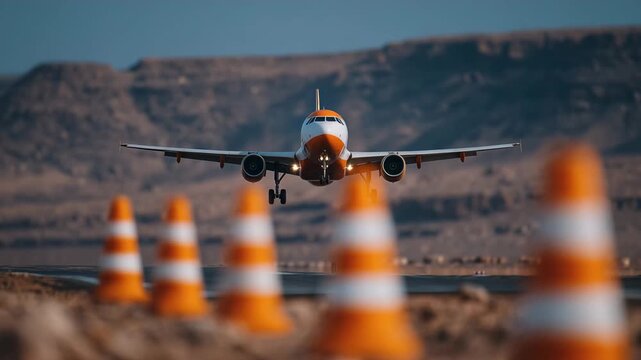 Low-angle runway shot in Saudi desert, orange safety cones out of focus in foreground, passenger plane landing in crisp focus, soft warm horizon light, empty sky and foreground for