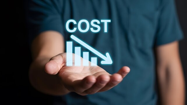 Cost reduction concept with declining chart and arrow hovering above human hand