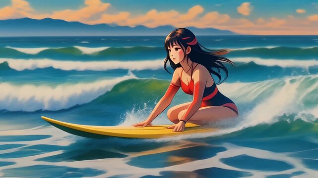 Anime Girl Surfing on a Yellow Board at Sunset