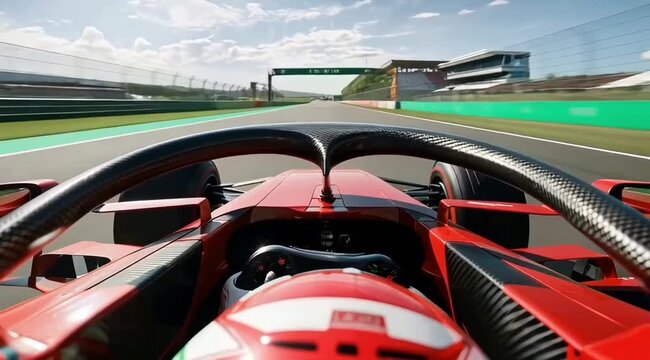 Onboard pov view from red unbranded formula race car racing on track during daytime