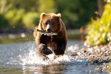 Obraz premium Bear Carrying Salmon Through Water With Drips and Splashes in Mid-Step