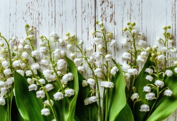 Obraz premium Close up of lily of the valley flowers with white wooden background