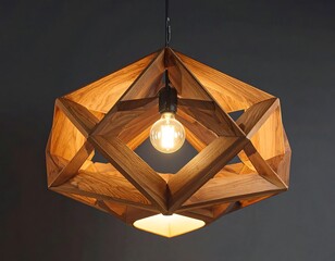 A geometric wooden pendant light with an exposed filament bulb illuminates a room. Its diamond-like structure offers a warm glow