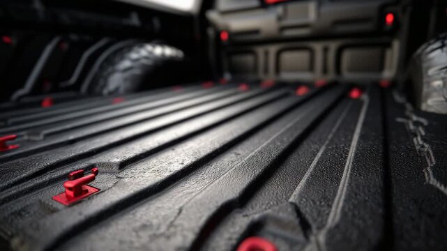 Macro-level close-up of a truck bed liner interior, anti-slip texture rendered in high clarity, red tie-down anchor points adding strong color accent, modern commercial layout with