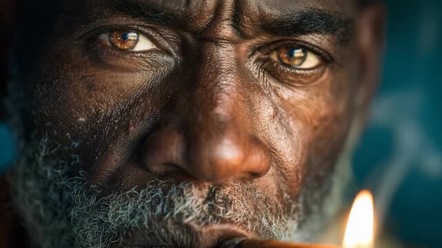 Extreme close-up of an aging man with weathered skin and intense eyes, detailed facial texture of a hard-working individual smoking a cigar