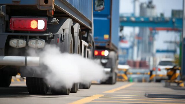 Macro-style close-up of exhaust pipes and rear sections of trucks in a customs queue, thick vapor clouds rising, taillights reflecting off metallic surfaces, concrete inspection la