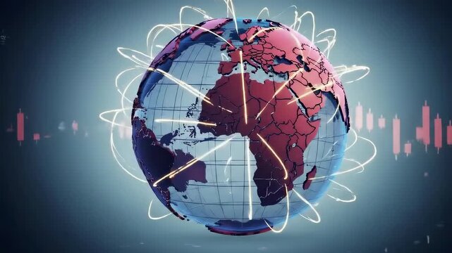 Digital earth globe with glowing connections network over economic recession candlestick chart. Global market collapse and crisis concept.