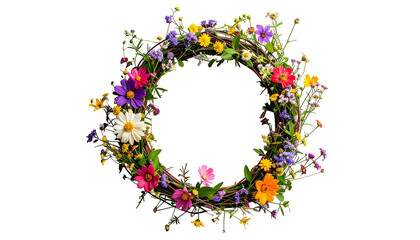 A vibrant floral wreath of colorful wildflowers against a transparent background