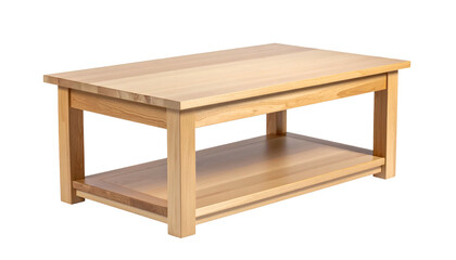 Rectangular, light-wood coffee table with a lower shelf, isolated on black background