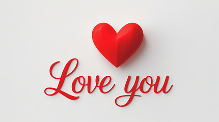 A white background with a red 3D heart in the upper right and a cursive red &ldquo;Love you&rdquo; angled from the lower-left toward the heart