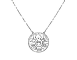 A delicate silver pendant necklace on a fine chain, featuring an intricate circular filigree design with floral and swirling elements
