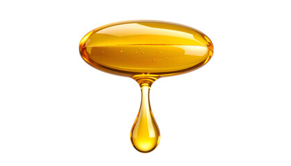 Close-up of a golden, gel capsule with a single, flowing drop against a stark black background