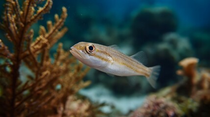 Fototapeta premium A small striped fish swims gracefully through a vibrant coral reef highlighting the clear blue waters and diverse marine life of the ocean