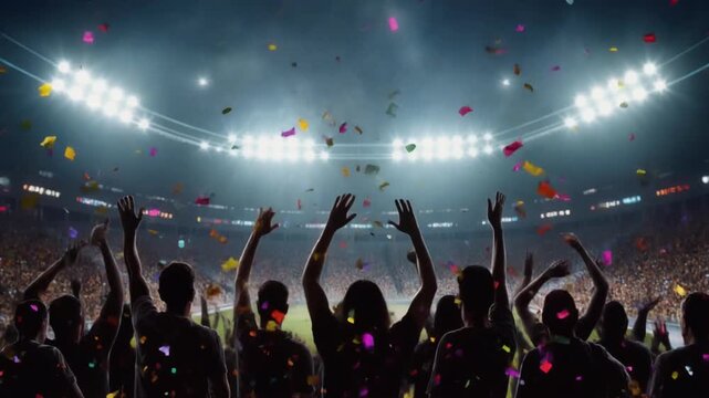 Cinematic Stadium Atmosphere with Bright Floodlights and Cheering Crowd Silhouettes, Live Sports Event, Unity and Excitement