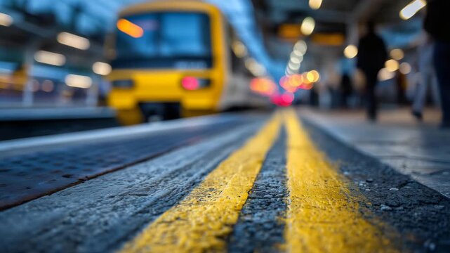 Wide cinematic perspective of a railway platform, lone passenger behind yellow line, train blurred as it approaches at speed, tactile textures of platform edge and rails visible, m