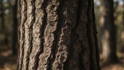 Obraz premium Close up of a textured pine tree bark in a sunlit forest.
