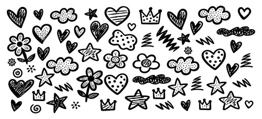 Fototapeta premium Hand-drawn doodle set featuring hearts, stars, flowers, clouds, and crowns. Black ink sketchy design elements for creative projects and backgrounds.