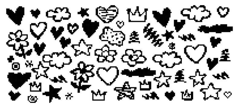 Retro 8-bit pixel art icon set featuring hearts, stars, clouds, and flowers in black and white. Ideal for nostalgic y2k graphic design projects.