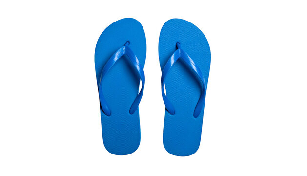 Two blue flip-flops on a solid black background, viewed from above